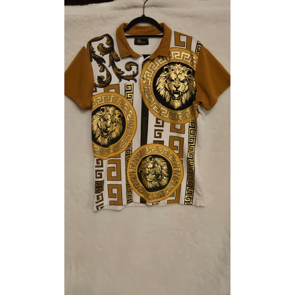 Barocco Designers Mens M Gold Lion Medallion Greek Key Polo Shirt White Tan